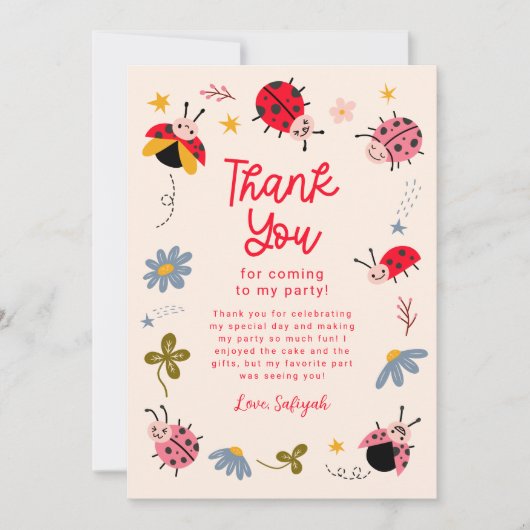 Ladybug Floral Birthday Party Dankeskarte (Vorderseite)