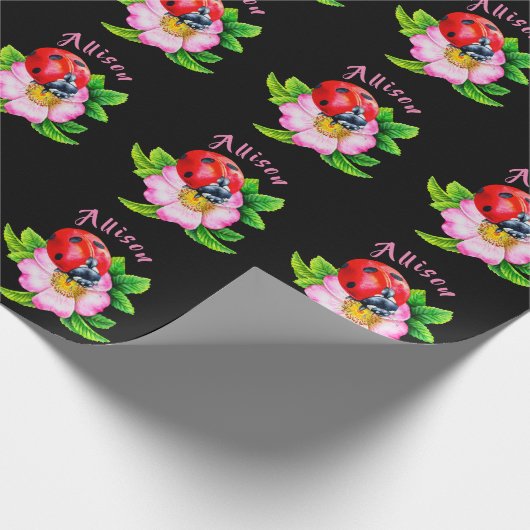Ladybug Floral Black Women's Name Geschenkpapier (Ecke)