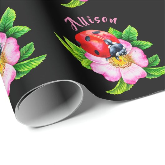 Ladybug Floral Black Women's Name Geschenkpapier (Rolleneckpunkt)