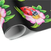 Ladybug Floral Black Wrapping Paper Geschenkpapier (Rolleneckpunkt)
