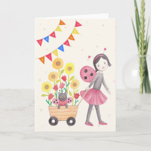 Ladybug Girl & Cat Sonnenblumen Niedliche Geburtst Karte