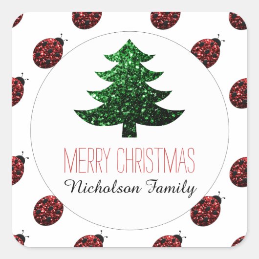 Ladybug + Grünen Weihnachtsbaum Glitzern Geschenkm Quadratischer Aufkleber (Vorderseite)
