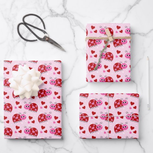 Ladybug Herz-Muster Pink Geschenkpapier Set (Vorderseite)