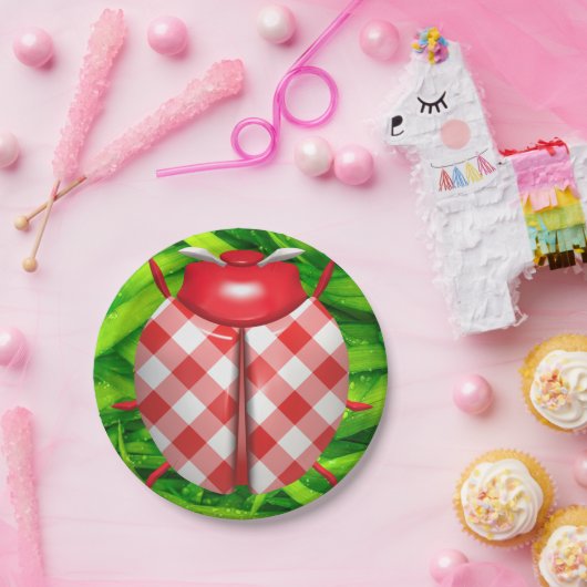 Ladybug in Gras Gingham Karo niedlich grün Pappteller (Party)