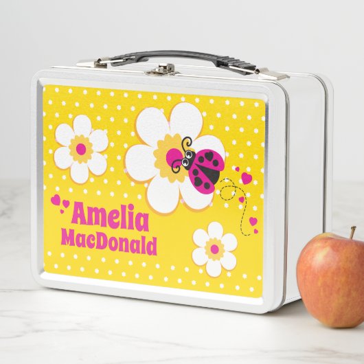 Ladybug ladybird pink yellow girls name lunch box (Beispiel)