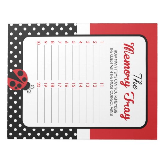 Ladybug Memory Tray Baby Shower Game Pack Notizblock (Vorderseite)