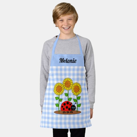 Ladybug mit Sonnenblumen Blue Gingham Monogram Schürze (Getragen)