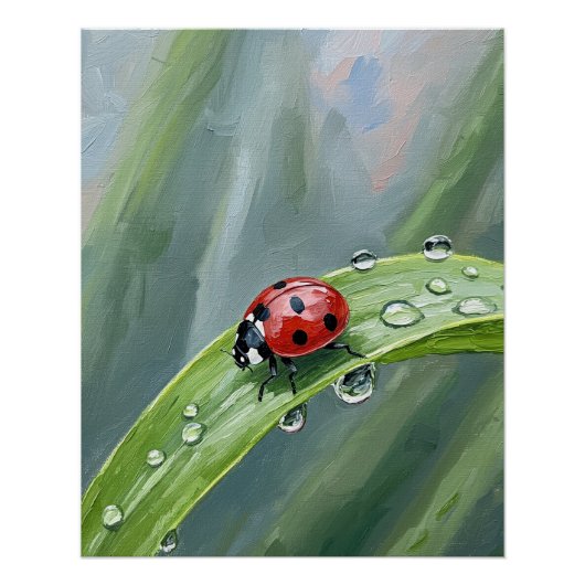 Ladybug on a Dewy Leaf – Nature Art Print Poster (Vorderseite)