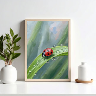 Ladybug on a Dewy Leaf – Nature Art Print Poster