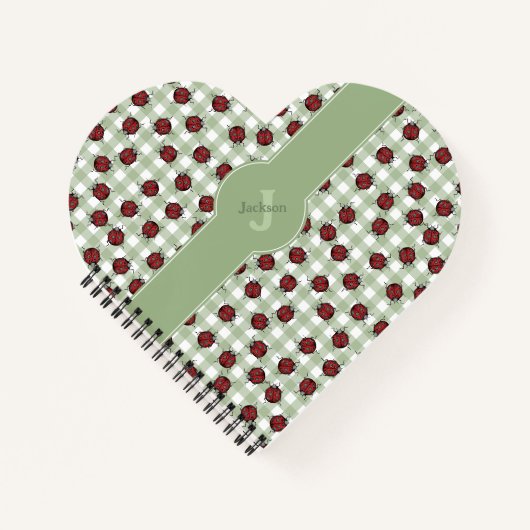 Ladybug Pattern Green Gingham Monogram Heart Shape Notizblock (Vorderseite)