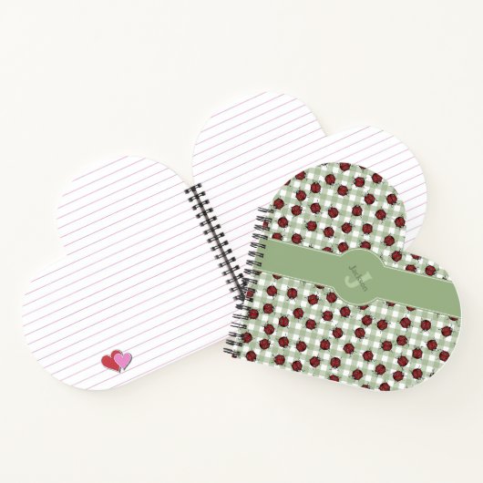 Ladybug Pattern Green Gingham Monogram Heart Shape Notizblock (Innenseite)