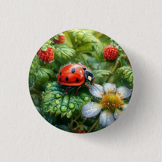 Ladybug Perched on Dew Covered Strawberry Pflanze Button (Vorderseite)