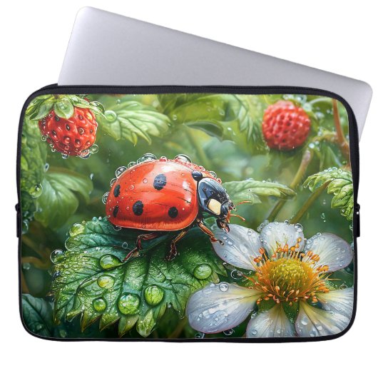 Ladybug Perched on Dew Covered Strawberry Pflanze Laptopschutzhülle (Vorderseite)