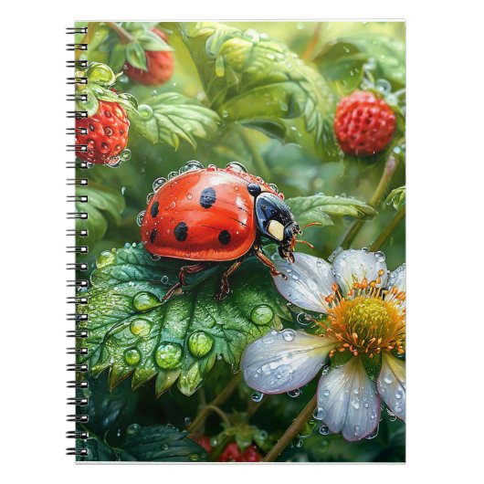 Ladybug Perched on Dew Covered Strawberry Pflanze Notizblock (Vorderseite)