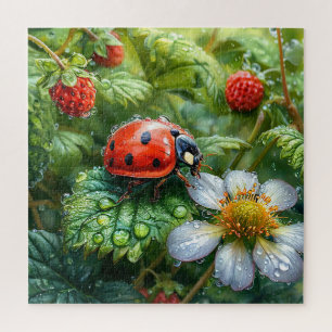 Ladybug Perched on Dew Covered Strawberry Pflanze Puzzle