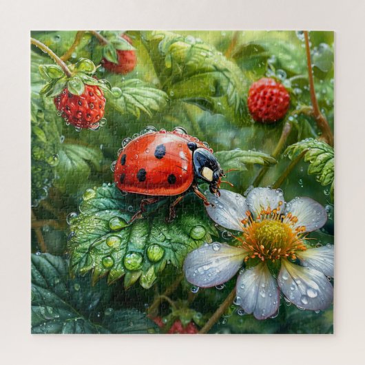 Ladybug Perched on Dew Covered Strawberry Pflanze Puzzle (Vertikal)