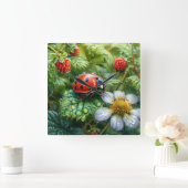 Ladybug Perched on Dew Covered Strawberry Pflanze Quadratische Wanduhr (Zuhause)
