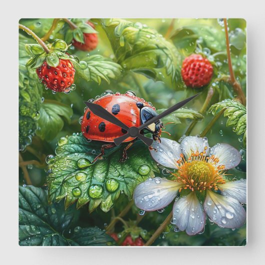 Ladybug Perched on Dew Covered Strawberry Pflanze Quadratische Wanduhr (Vorderseite)
