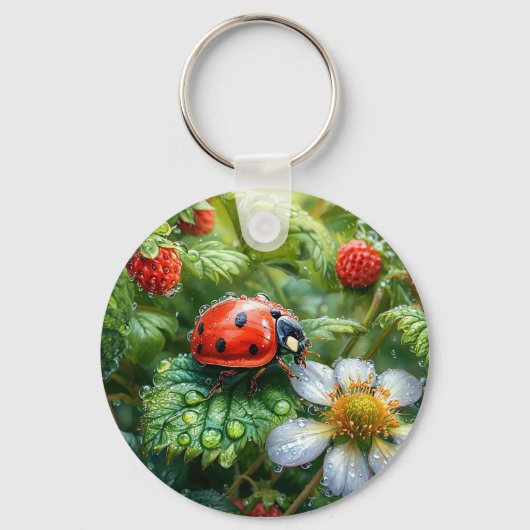 Ladybug Perched on Dew Covered Strawberry Pflanze Schlüsselanhänger (Vorderseite)