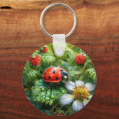 Ladybug Perched on Dew Covered Strawberry Pflanze Schlüsselanhänger (Rückseite)
