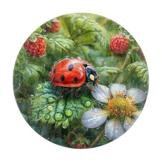 Ladybug Perched on Dew Covered Strawberry Pflanze Schneidebrett (Vorderseite)