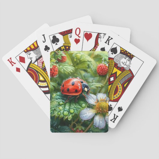 Ladybug Perched on Dew Covered Strawberry Pflanze Spielkarten (Rückseite)