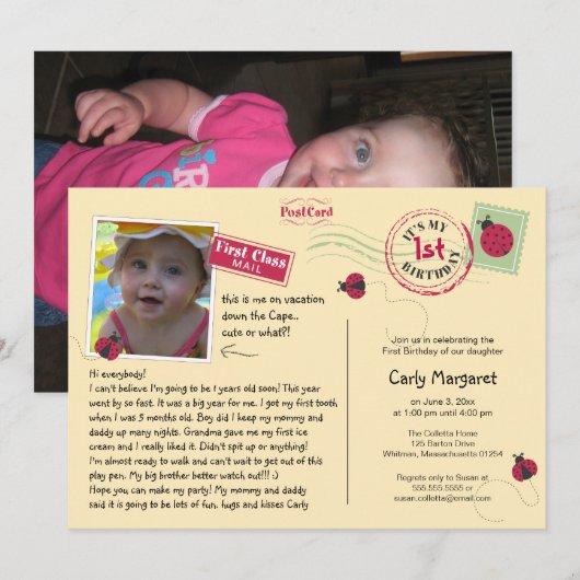 Ladybug Postcard Geburtstagsparty Einladung (Vorne/Hinten)