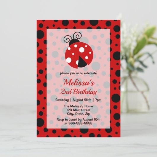 Ladybug Red Black Frame Polka Dots Kindergeburtsta Einladung (Stehend Vorderseite)