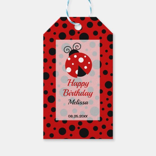 Ladybug Red Black Frame Polka Dots Kindergeburtsta Geschenkanhänger (Vorderseite)