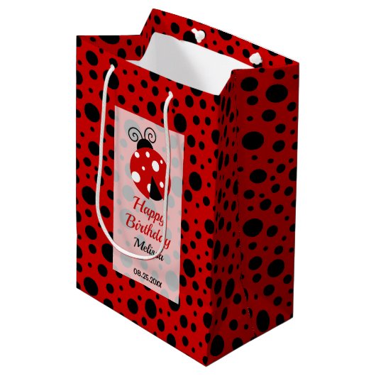 Ladybug Red Black Frame Polka Dots Kindergeburtsta Mittlere Geschenktüte (Vorderseite Schrägansicht)