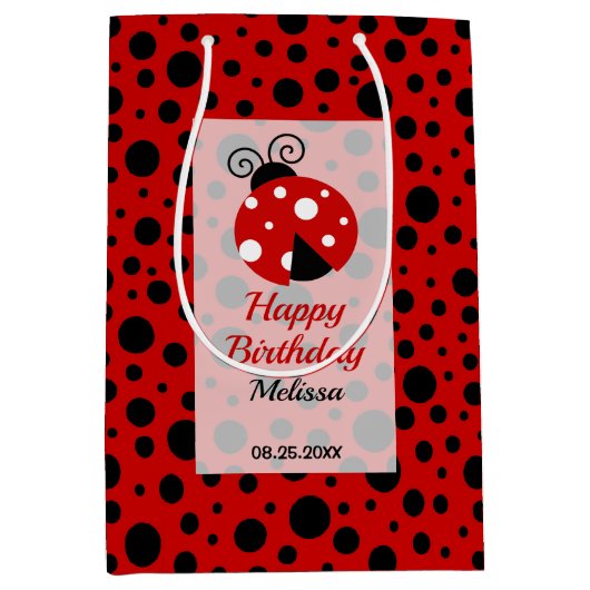 Ladybug Red Black Frame Polka Dots Kindergeburtsta Mittlere Geschenktüte (Vorderseite)