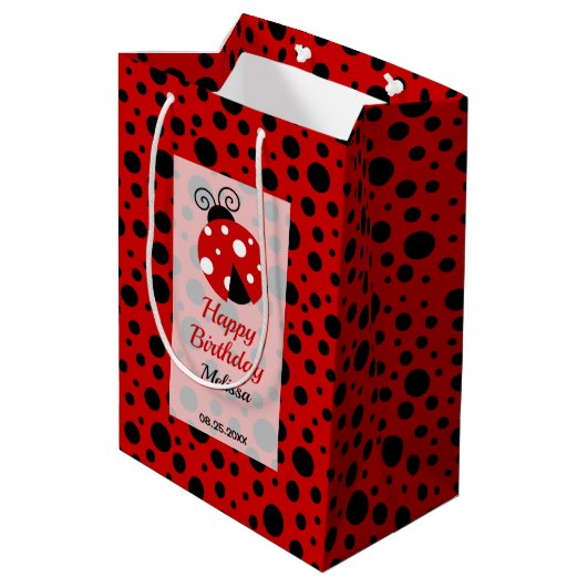 Ladybug Red Black Frame Polka Dots Kindergeburtsta Mittlere Geschenktüte (Rückseite Schrägansicht)