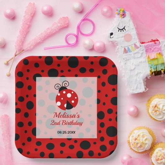 Ladybug Red Black Frame Polka Dots Kindergeburtsta Pappteller (Party)