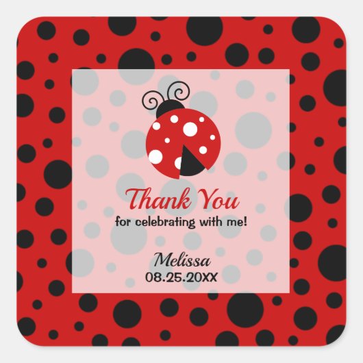 Ladybug Red Black Frame Polka Punkte Vielen Dank Quadratischer Aufkleber (Vorderseite)