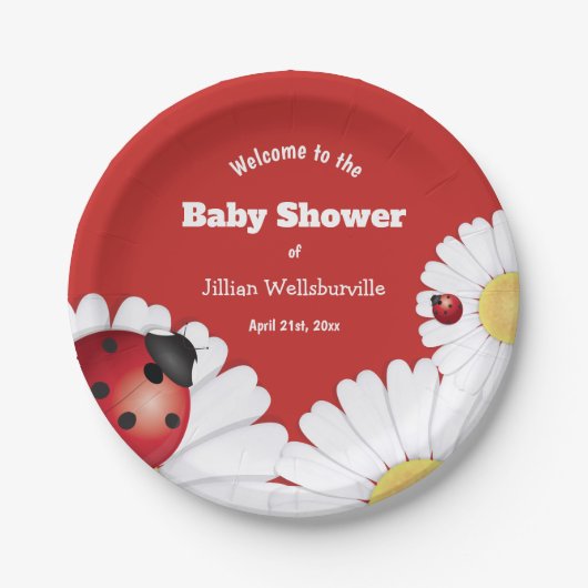 Ladybug Red White Blume Babyduschpapier Pappteller (Vorderseite)