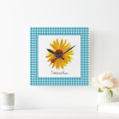 Ladybug Sonnenblume Türkis Gingham mit Namen Quadratische Wanduhr (Zuhause)