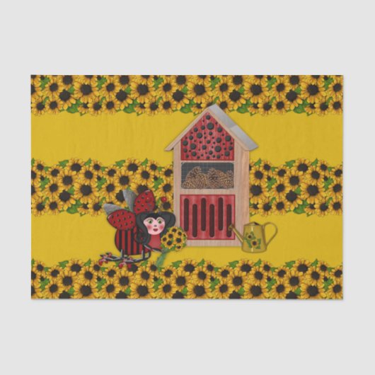 Ladybug, Sonnenblumen und Haus, Gelb-1- Seidenpapier (Vorderseite)