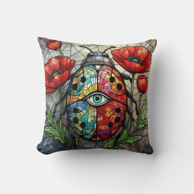 Ladybug stained glass vibrant poppy flower insect  kissen (Vorderseite)