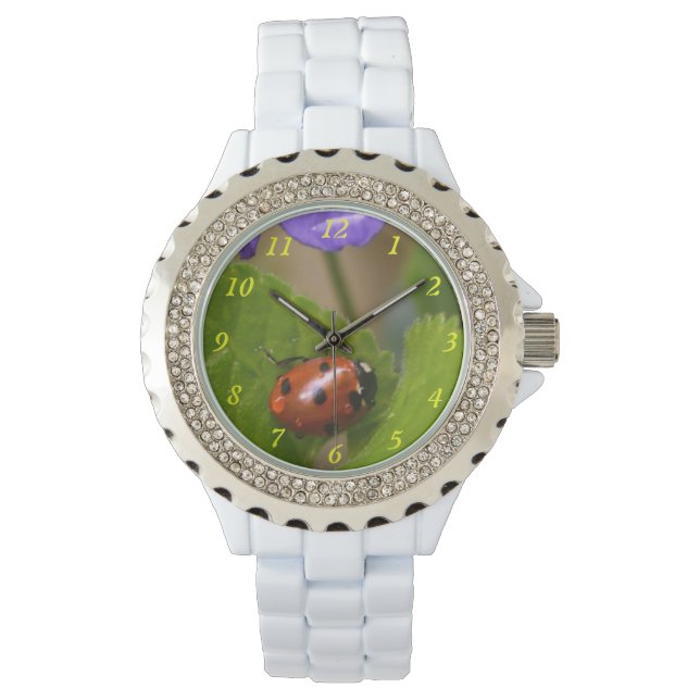 Ladybug über süße Violettsorten-Blume Armbanduhr (Vorderseite)