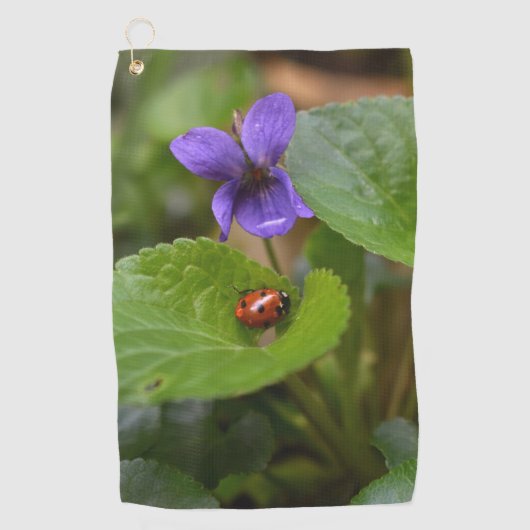Ladybug über süße Violettsorten-Blume Golfhandtuch (Vorderseite)
