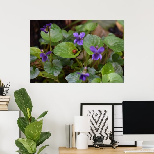 Ladybug über süße Violettsorten-Blume Poster (Heimbüro)