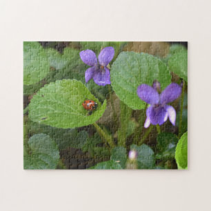 Ladybug über süße Violettsorten-Blume Puzzle