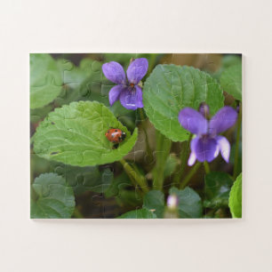 Ladybug über süße Violettsorten-Blume Puzzle