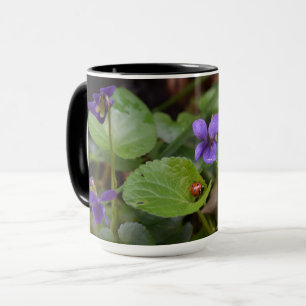 Ladybug über süße Violettsorten-Blume Tasse