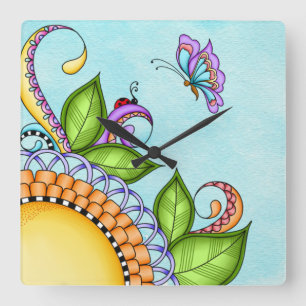 Ladybug und Butterfly Doodle Blume Quadratische Wanduhr