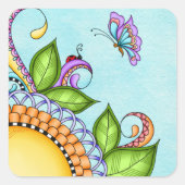 Ladybug und Butterfly Doodle Blume Quadratischer Aufkleber (Vorderseite)