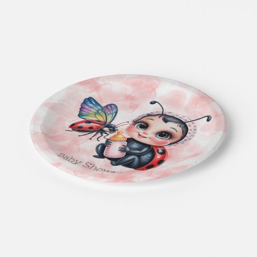 Ladybug und Butterfly Girl Babydusche Pappteller (Schrägansicht)