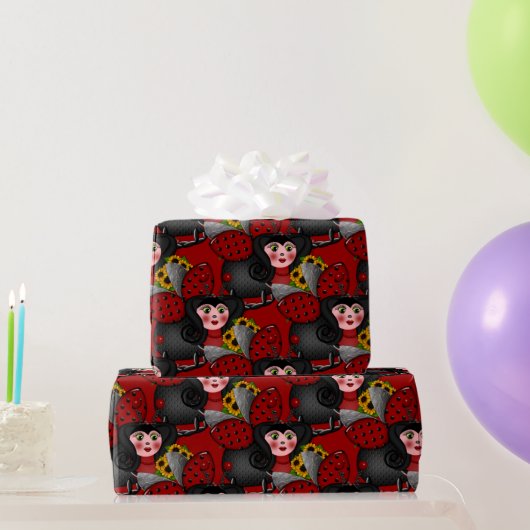 Ladybug und Sunflowers-Diagonal-Red- Geschenkpapier (Partygeschenke)