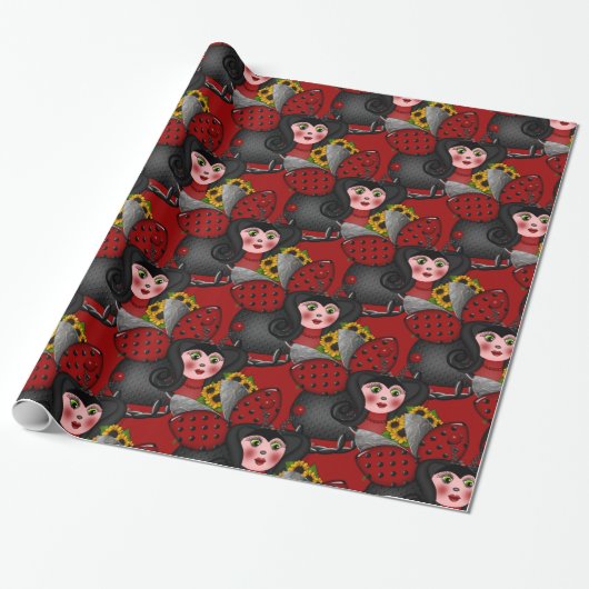 Ladybug und Sunflowers-Diagonal-Red- Geschenkpapier (Ungerollt)
