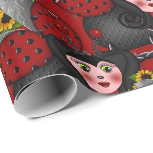 Ladybug und Sunflowers-Diagonal-Red- Geschenkpapier (Rolleneckpunkt)